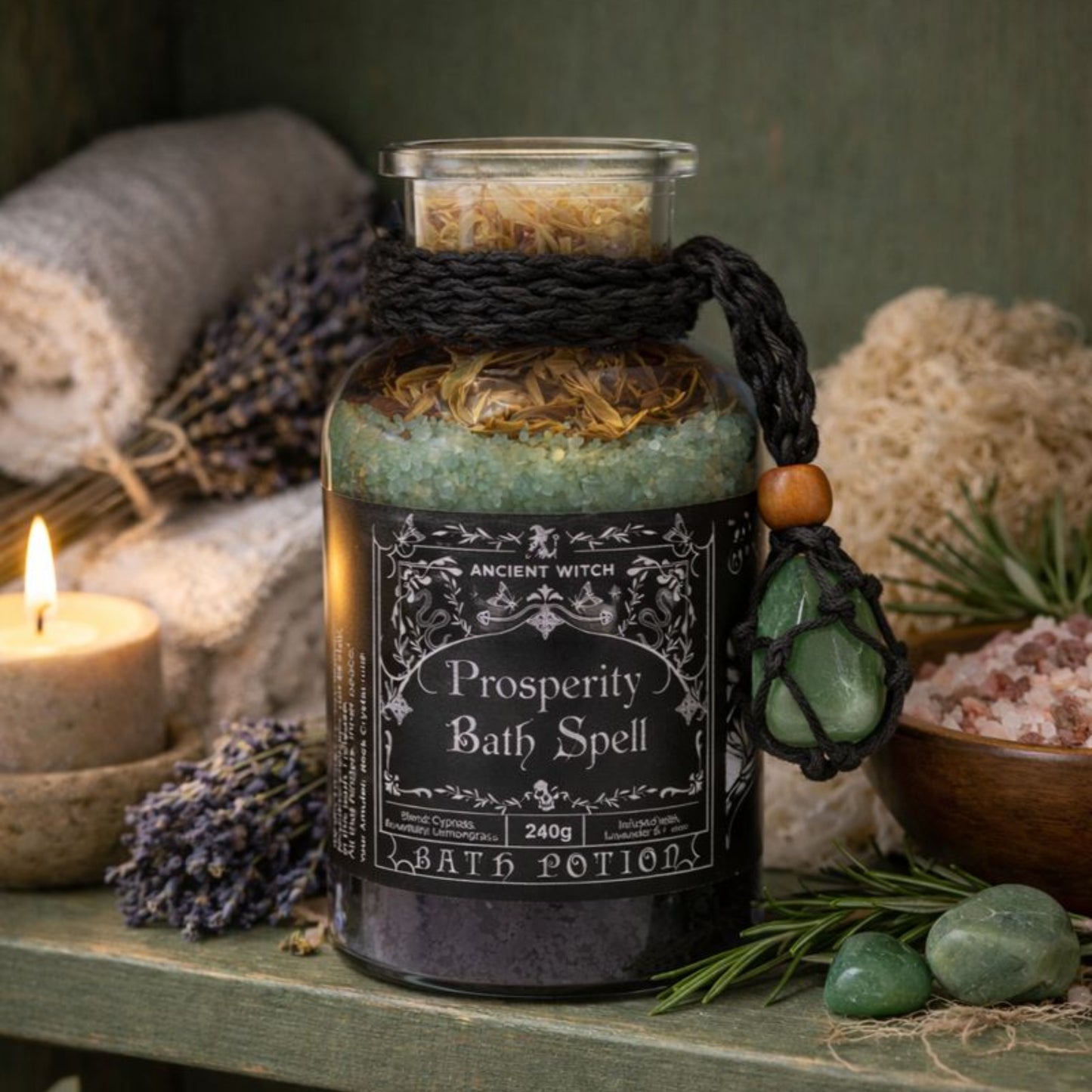 Ancient Witch Bath Ritual PROSPERITY Potion & Crystal Amulet
