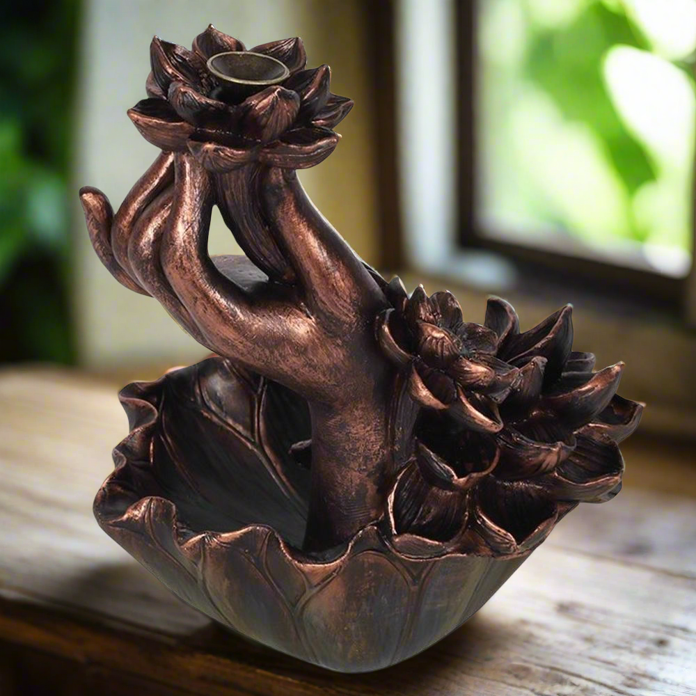 Bronze Effect Hand with Flower Backflow Incense Burner