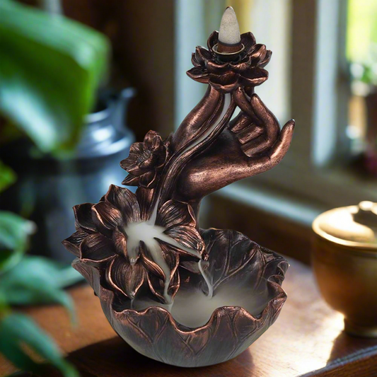 Bronze Effect Hand with Flower Backflow Incense Burner