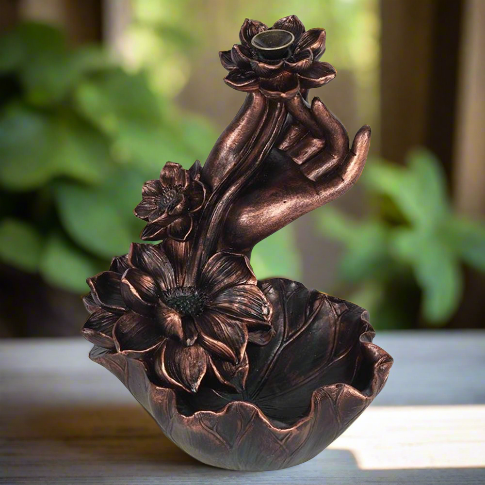 Bronze Effect Hand with Flower Backflow Incense Burner