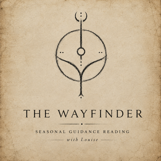 The Wayfinder Seasonal Guidance Reading with Louise cover art, featuring a dark brown hand-drawn circular symbol on a textured, aged beige parchment background.